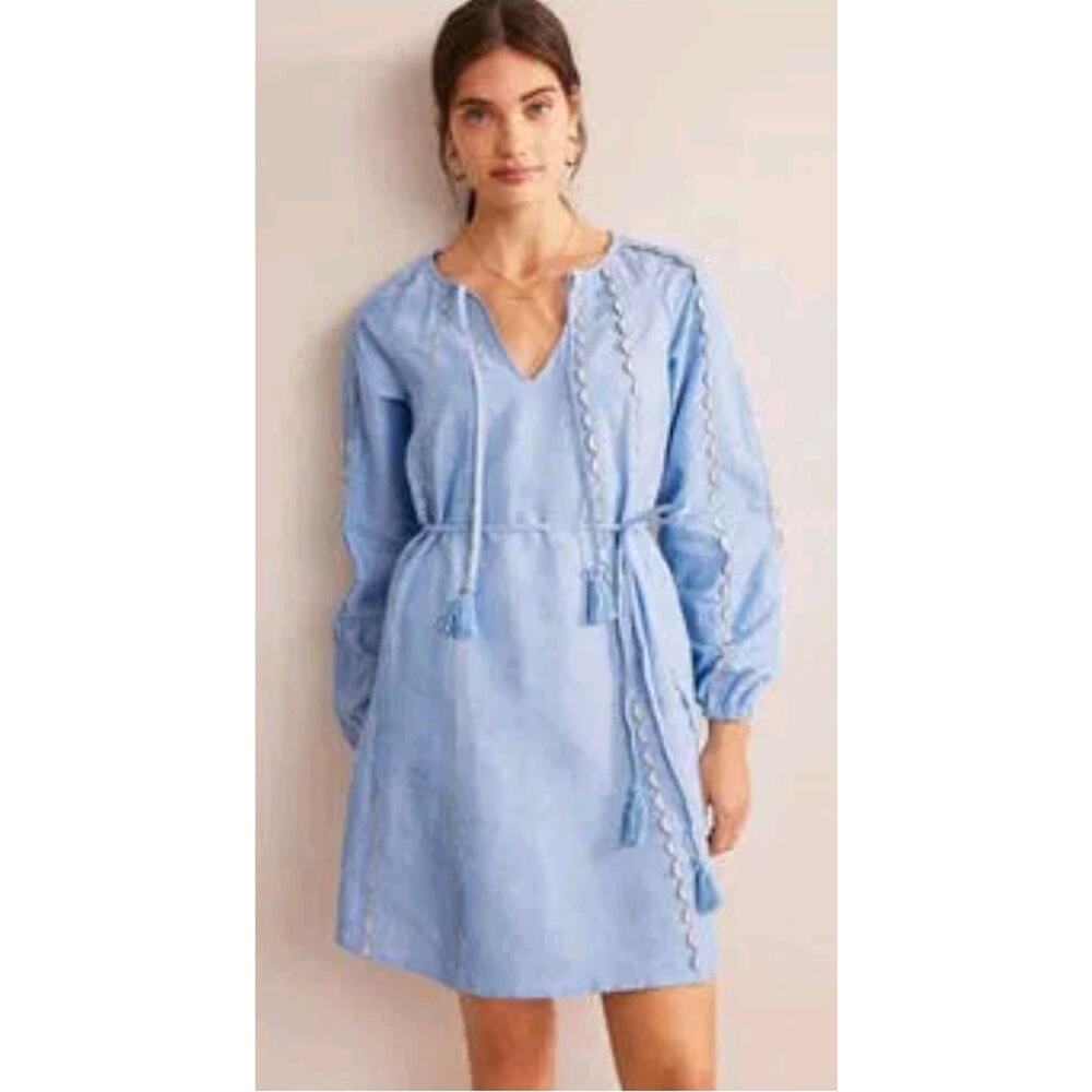 Boden Size 14 NWT Chambray Blue Linen Coastal Dress Pockets Silver Ric Rac